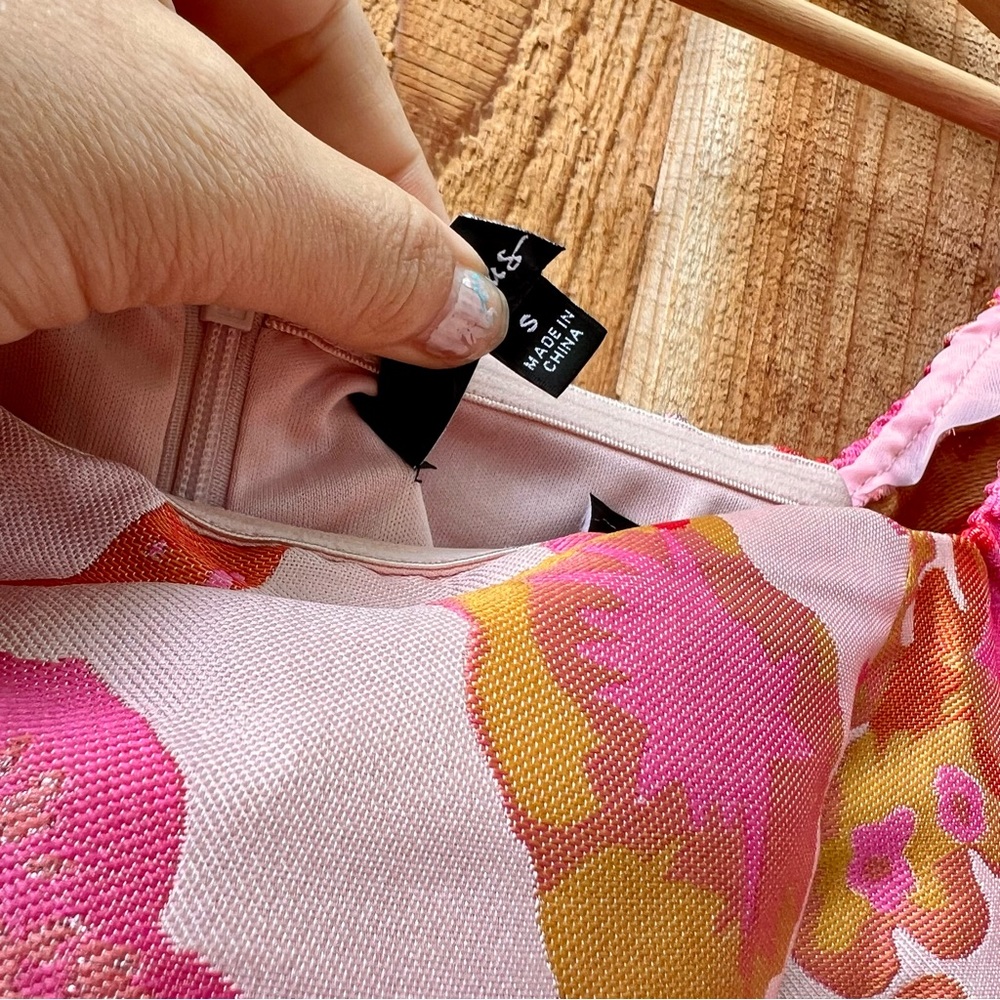 Pink and Orange Multi Floral Jacquard Puff Sleeve Mini Dress - Picture 7 of 11